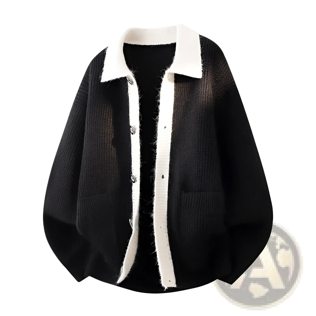 Black knit cardigan with contrast white collar and placket, silver buttons, and textured fabric for stylish layering