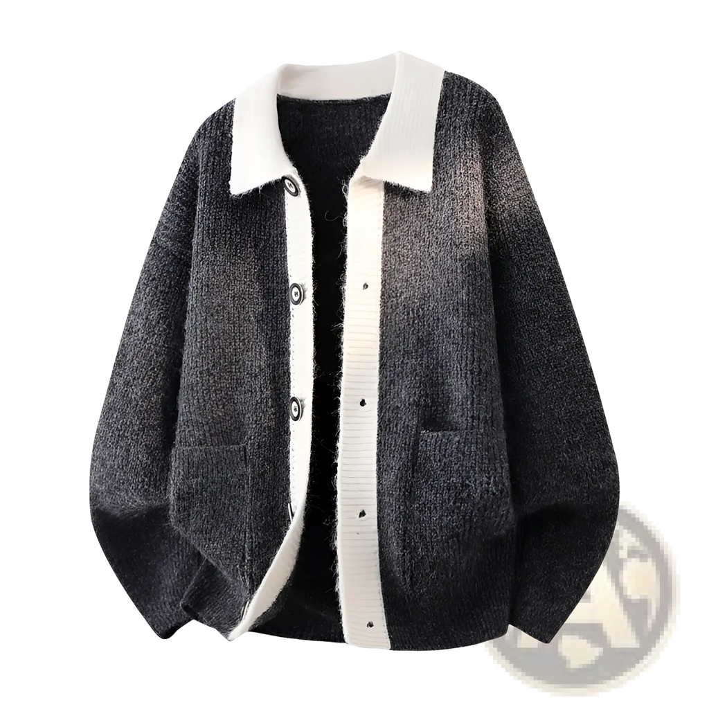 A cozy dark gray knit cardigan with white contrast collar placket silver buttons and ribbed detailing