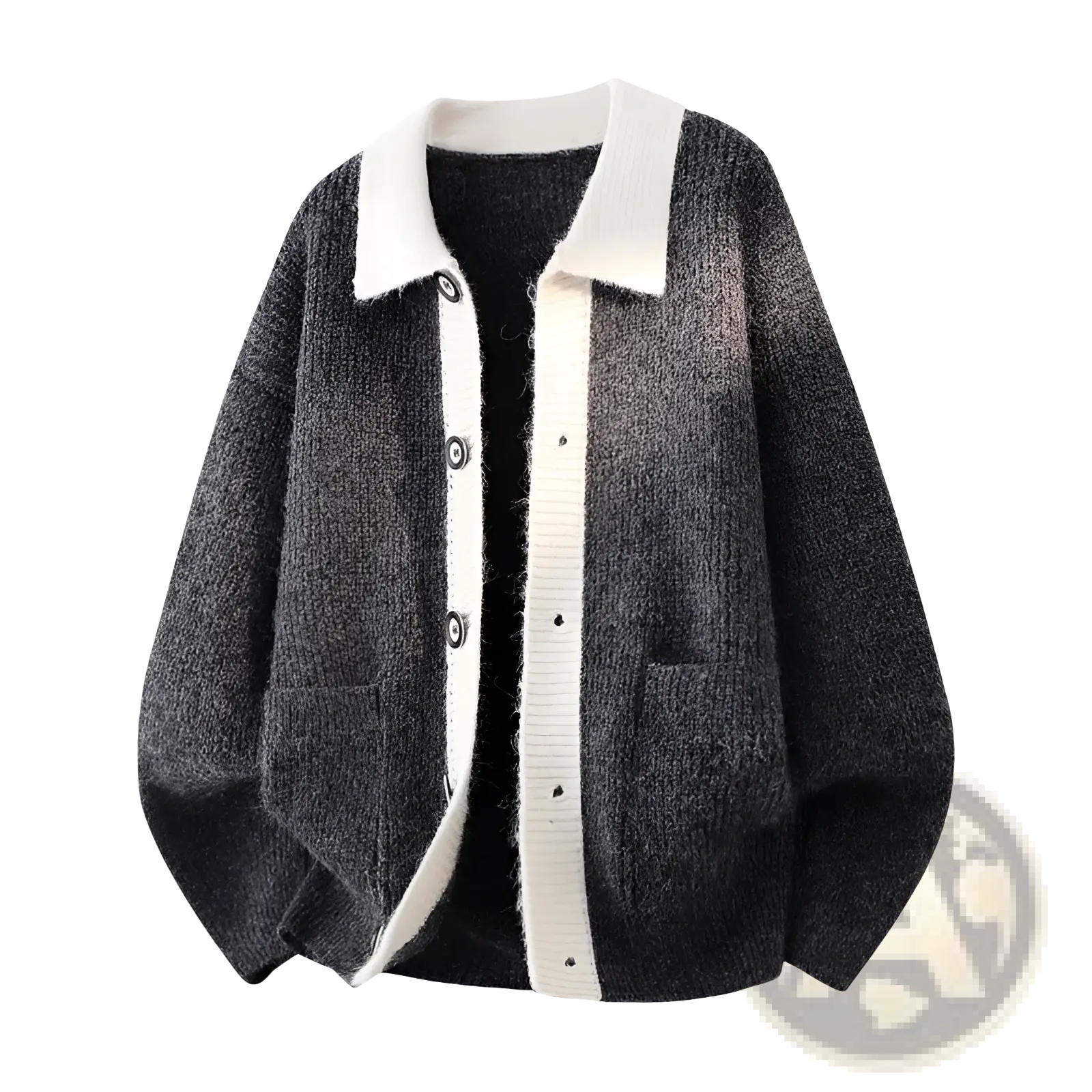 A cozy dark gray knit cardigan with white contrast collar placket silver buttons and ribbed detailing