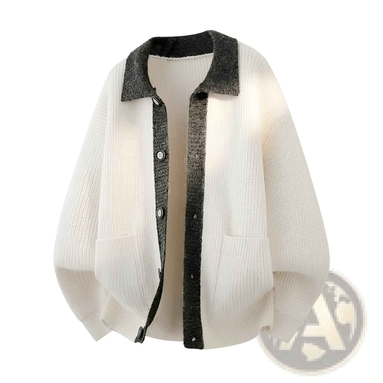 Cream-colored ribbed knit cardigan with contrasting dark gray collar and button placket for stylish layering