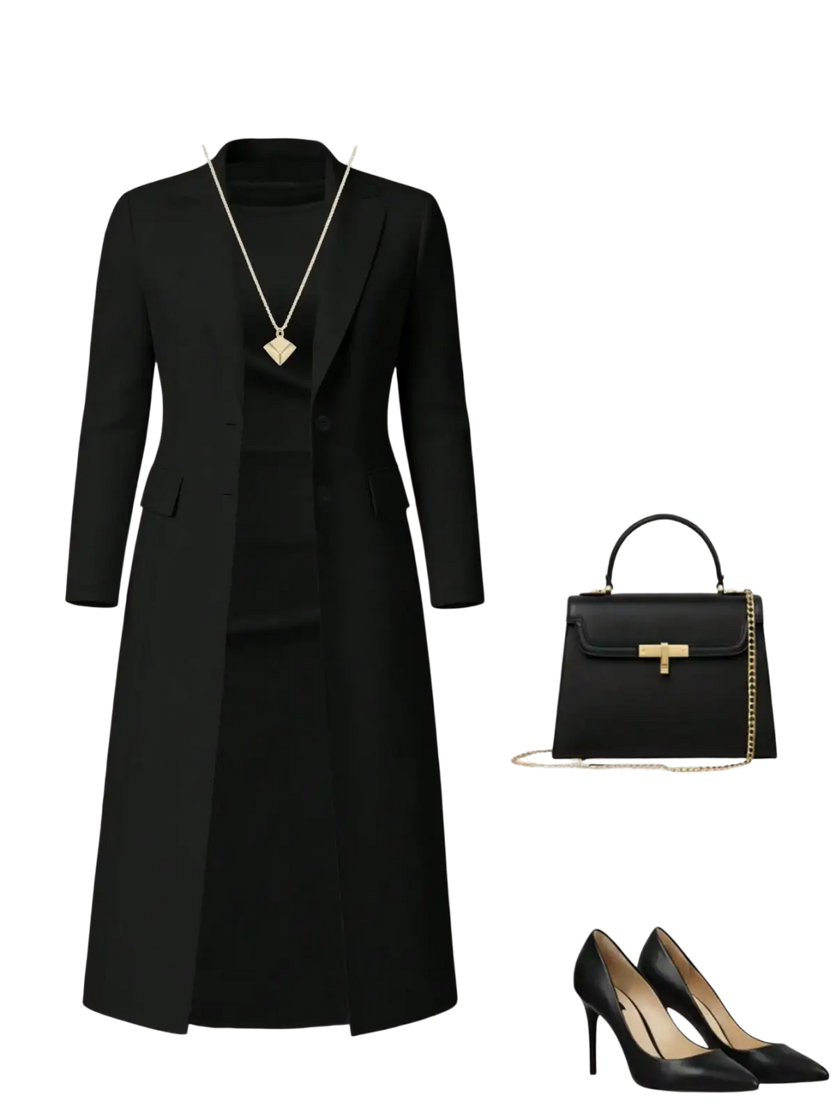Black long coat knit dress set with structured silhouette and subtle front pleats for an elegant outfit