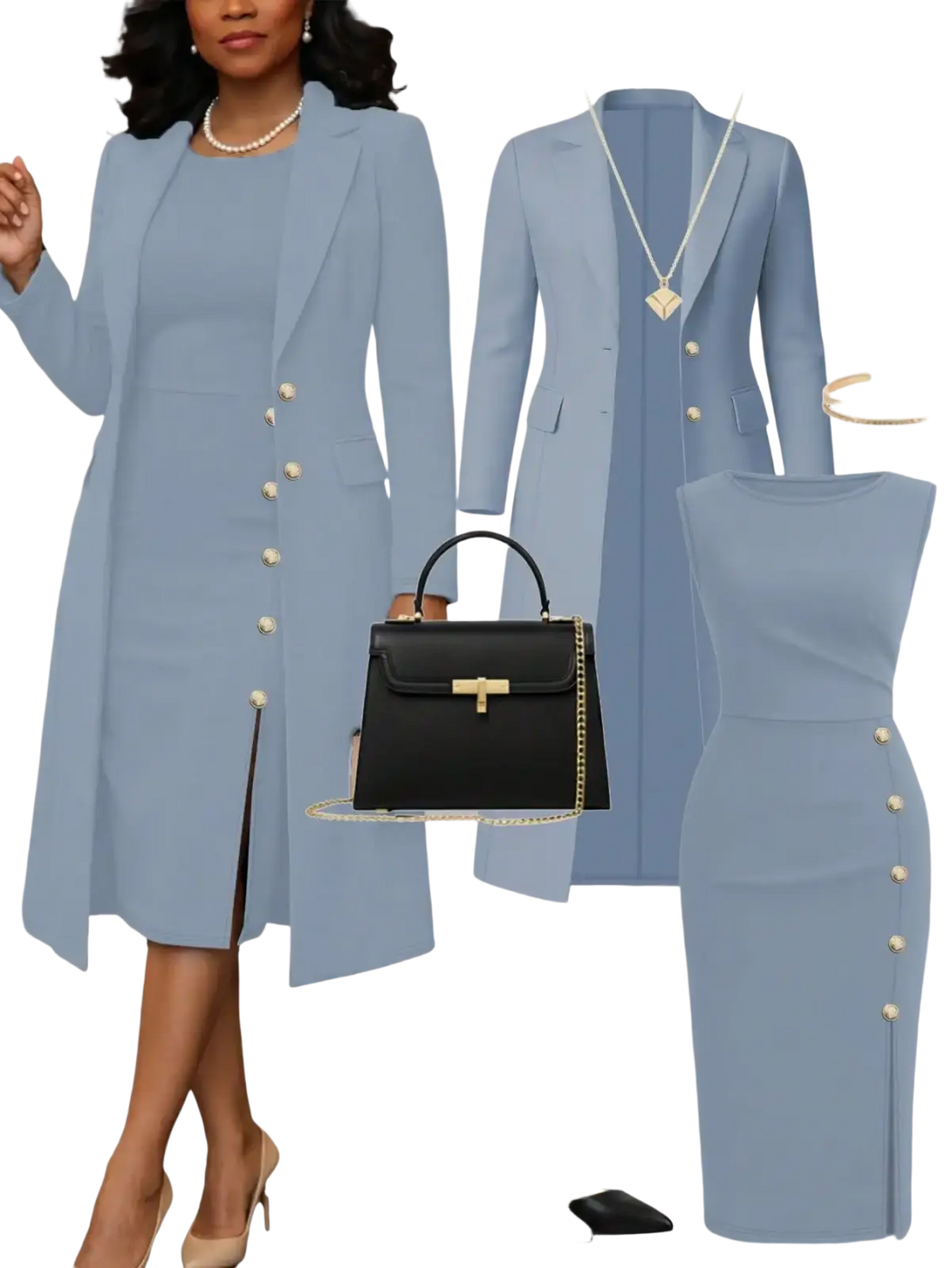 Black handbag with gold-tone hardware and chain strap complementing a knit dress set elegant long coat outfit