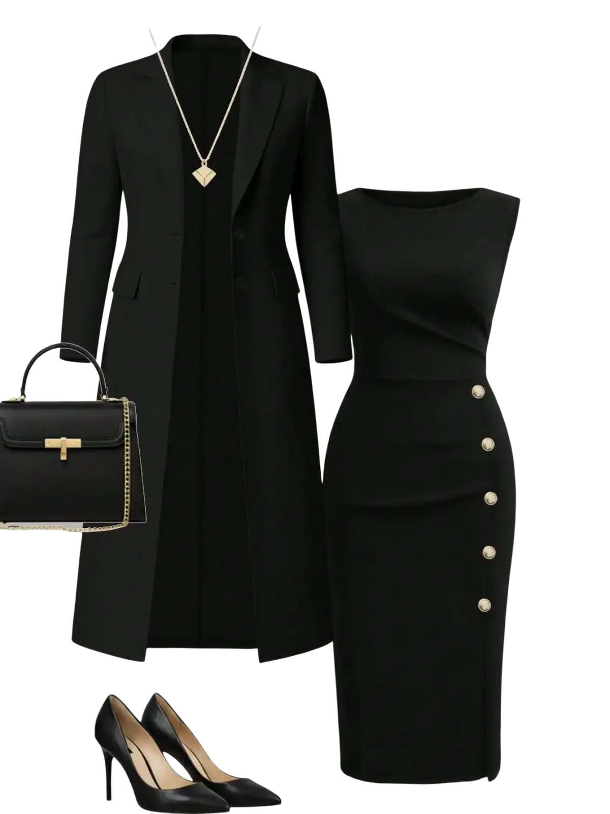 Black longline knit coat with gold-tone button detailing and structured shoulders in elegant dress set outfit