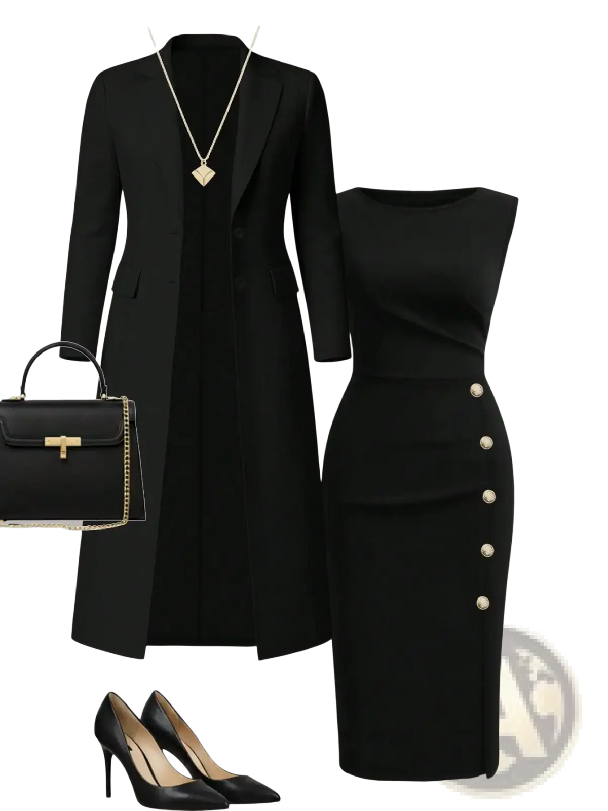 Black longline knit coat with gold-tone button detailing and structured shoulders in elegant dress set outfit