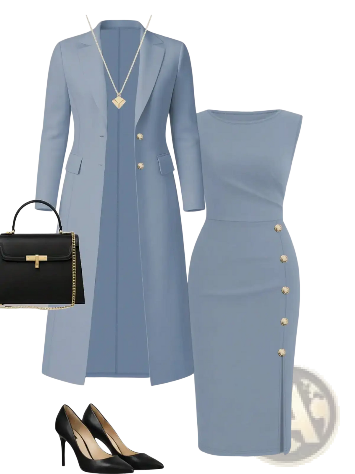 Light blue double-breasted blazer with gold buttons and structured silhouette in knit dress set elegant long coat outfit