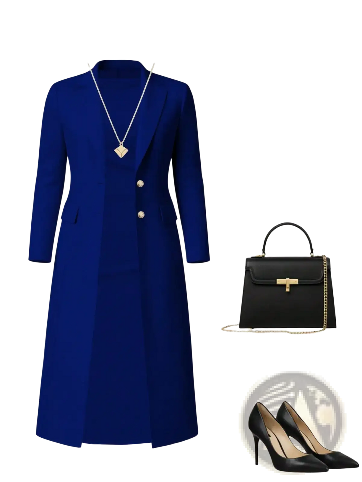 Royal blue double-breasted knit long coat set with silver buttons and sleek tailored design for elegant outfits