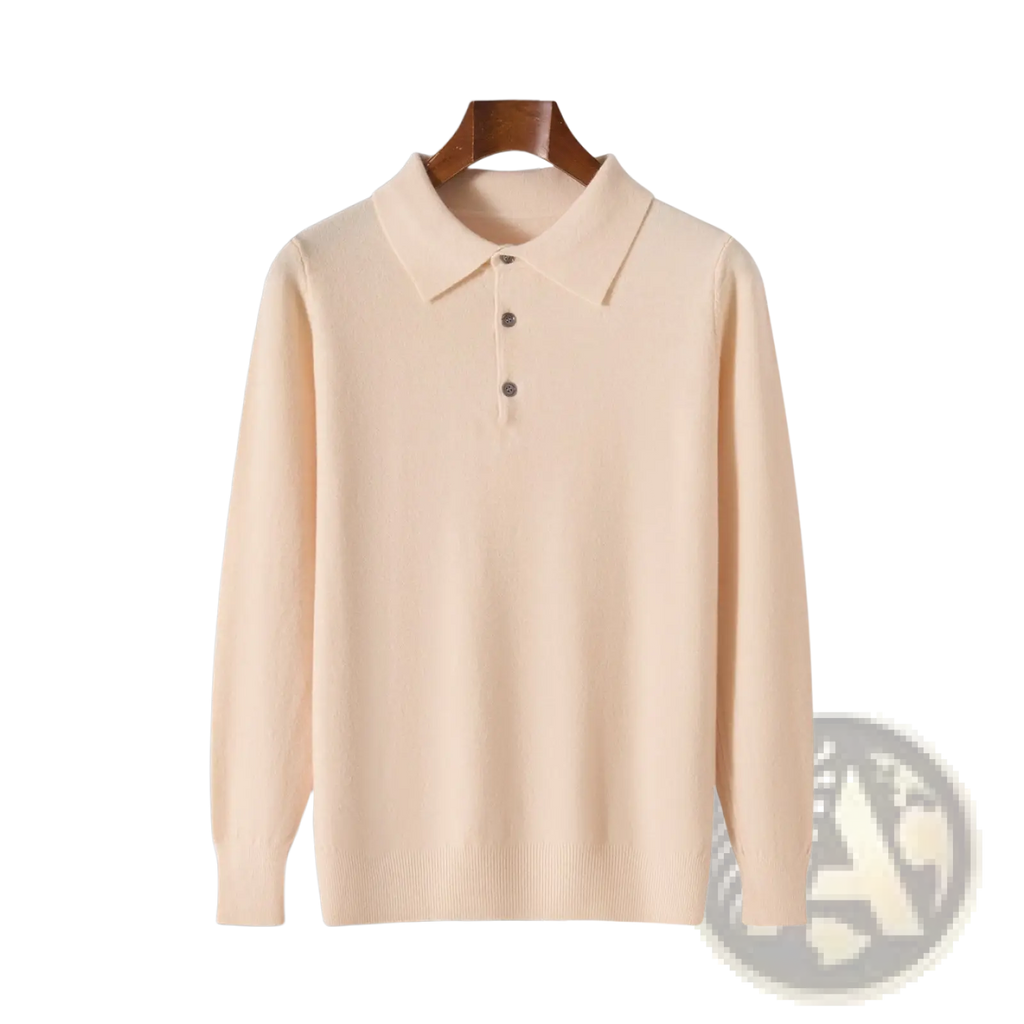 Beige knit polo sweater long sleeve pullover with classic collar and three dark buttons made of soft knit material