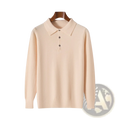 Beige knit polo sweater long sleeve pullover with classic collar and three dark buttons made of soft knit material