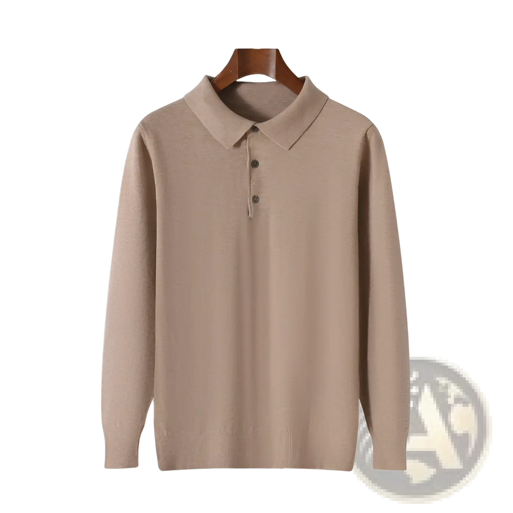 Beige long-sleeved knit polo sweater pullover with classic collar and three dark buttons in soft knit material