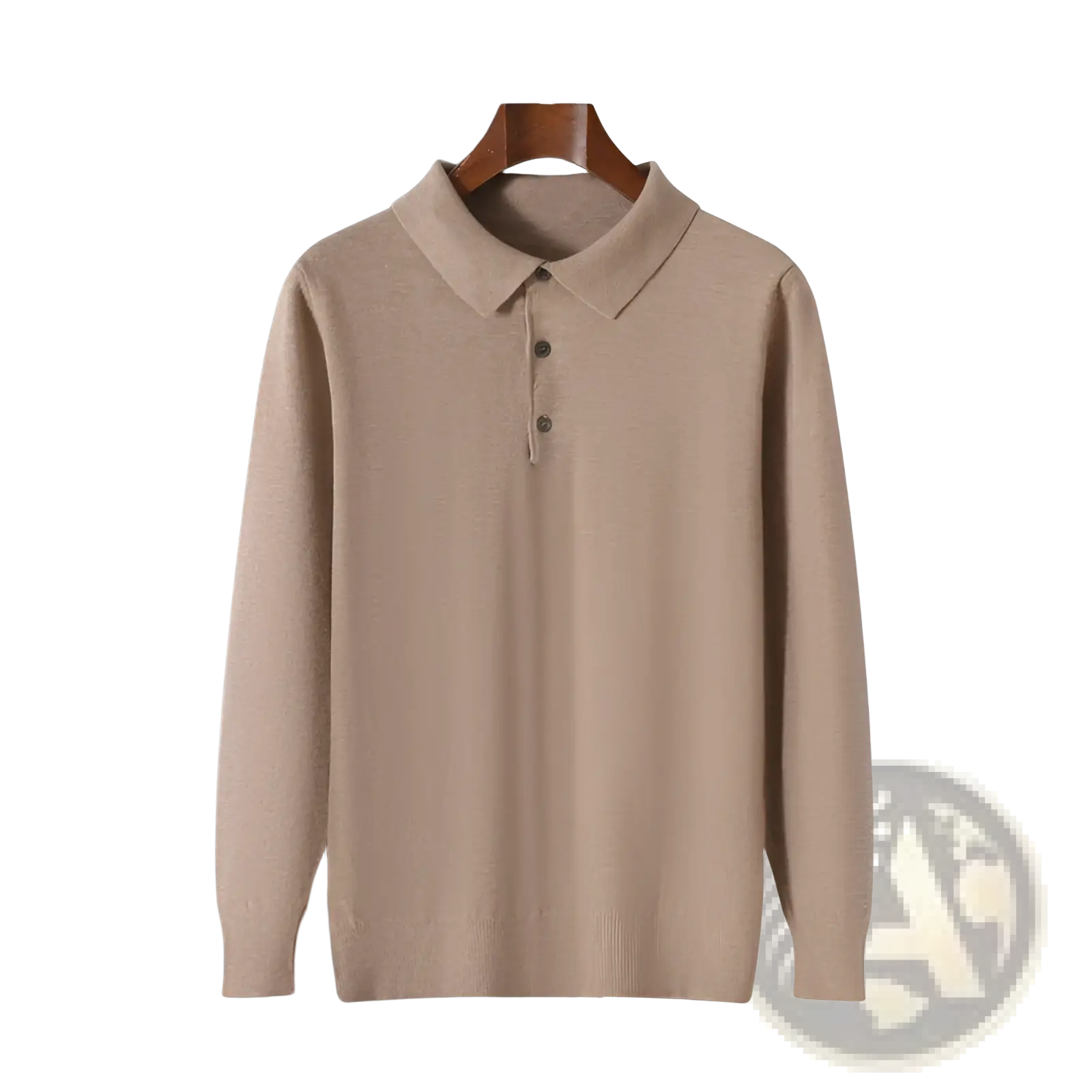 Beige long-sleeved knit polo sweater pullover with classic collar and three dark buttons in soft knit material