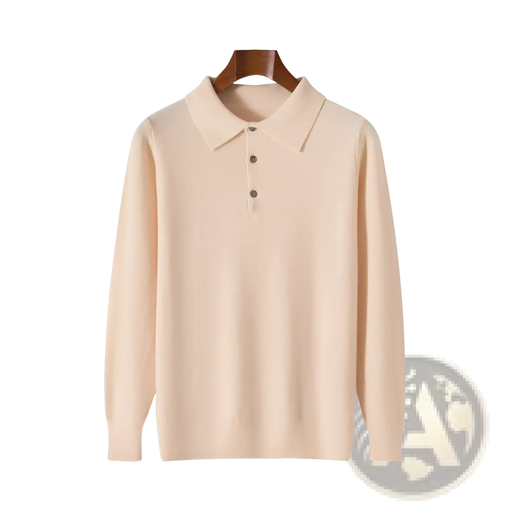 Cream-colored knit polo sweater long sleeve pullover with classic collar and three dark buttons in knit fabric