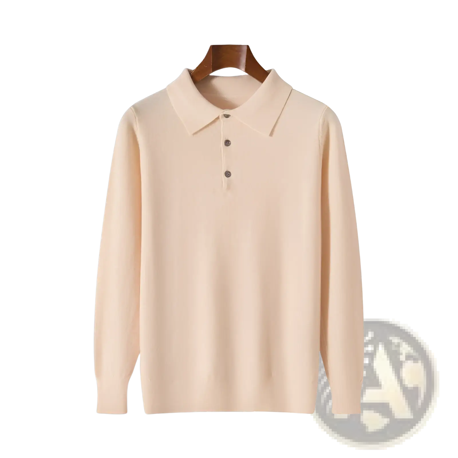 Cream-colored knit polo sweater long sleeve pullover with classic collar and three dark buttons in knit fabric
