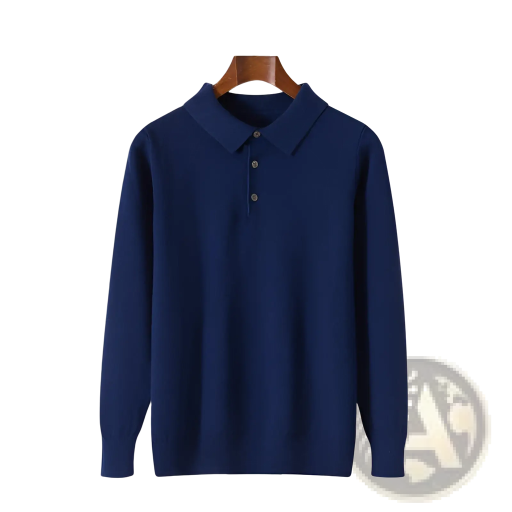 Deep navy blue long-sleeved knit polo sweater pullover with classic collar and three matching buttons