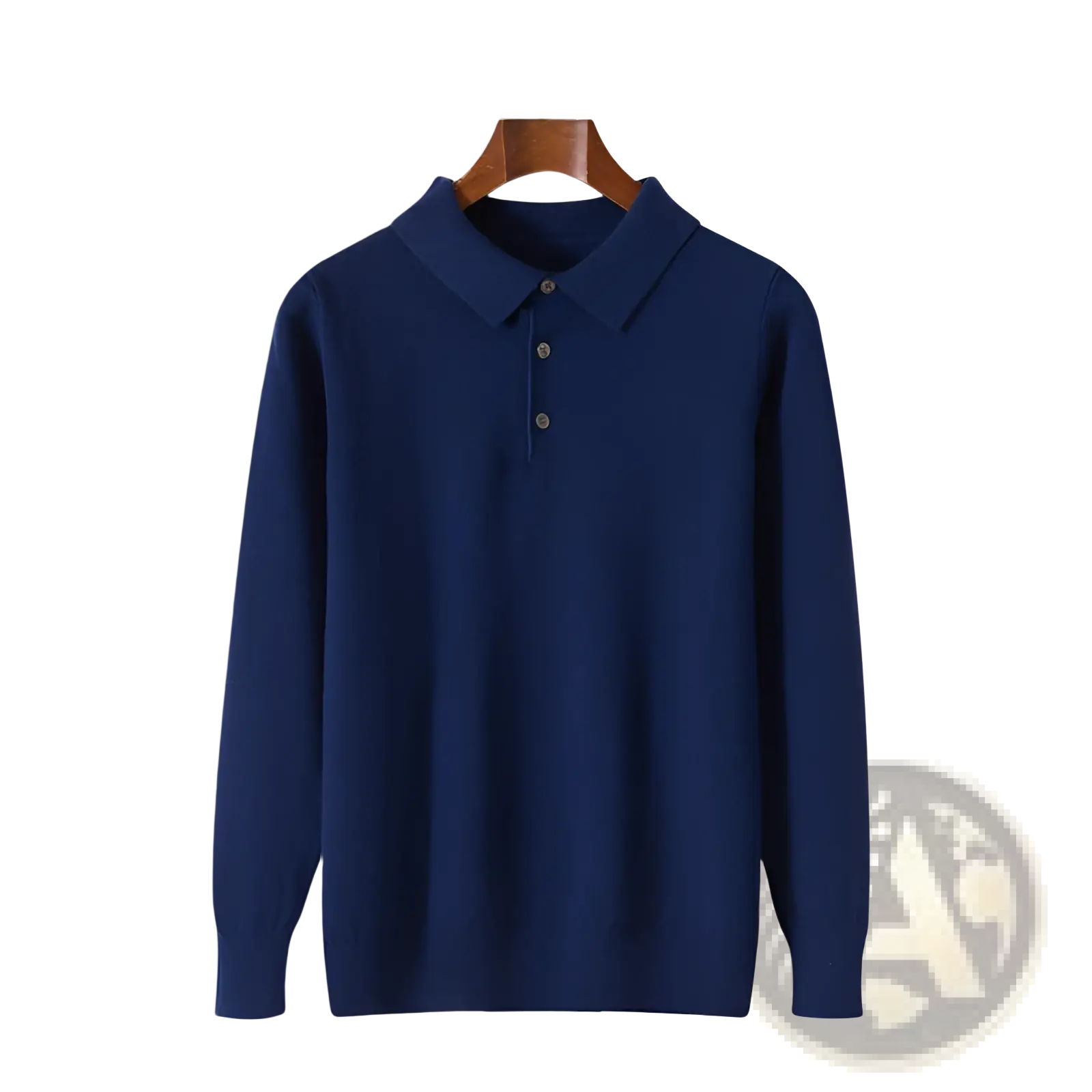 Deep navy blue long-sleeved knit polo sweater pullover with classic collar and three matching buttons