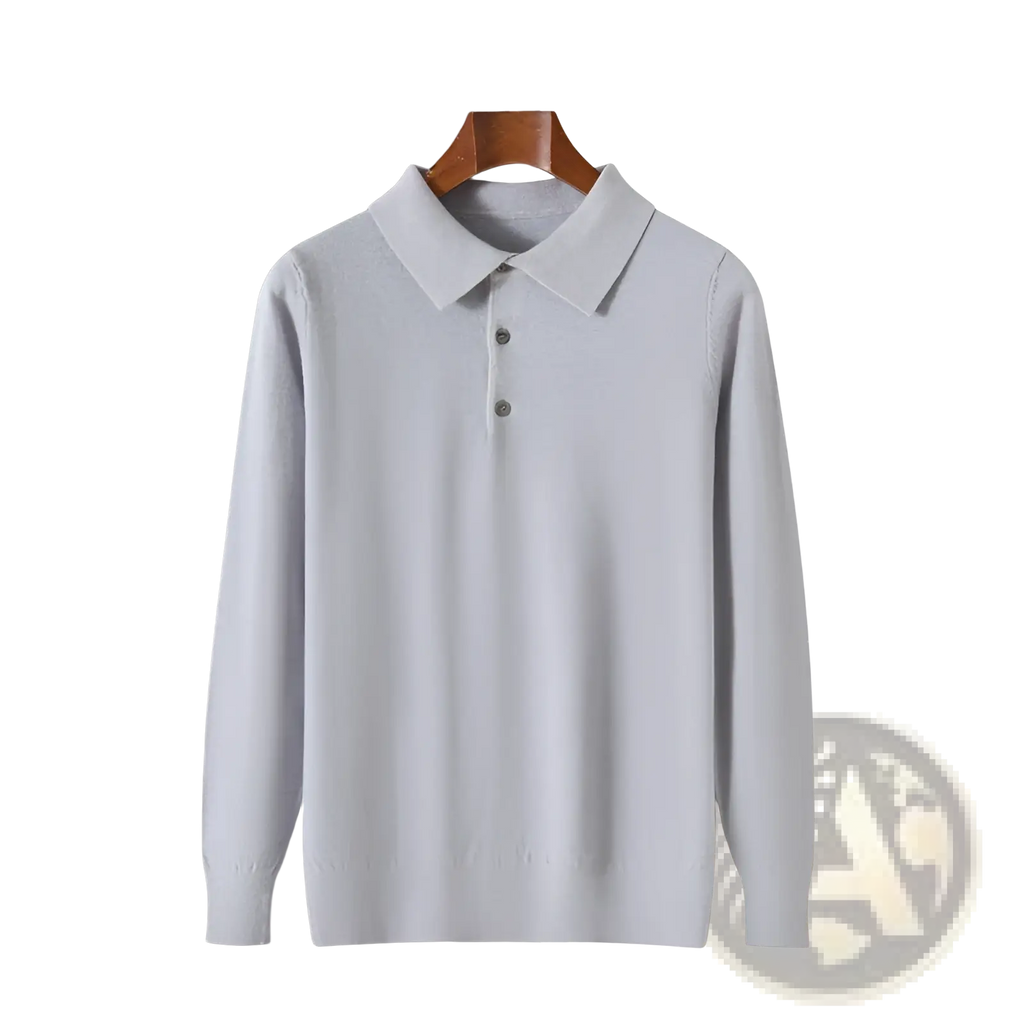 Light gray knit polo sweater long sleeve pullover with classic collar and three dark buttons