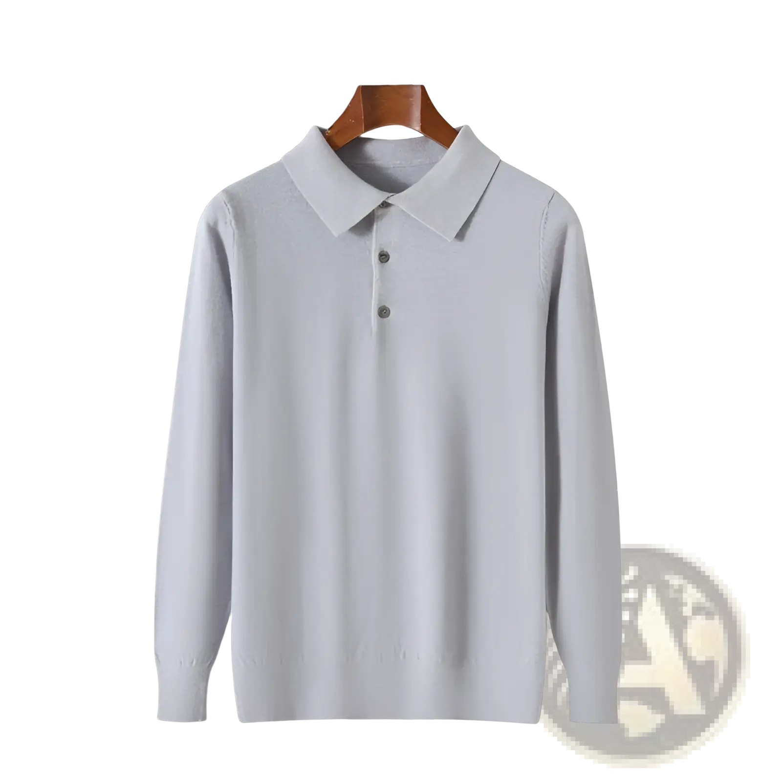 Light gray knit polo sweater long sleeve pullover with classic collar and three dark buttons