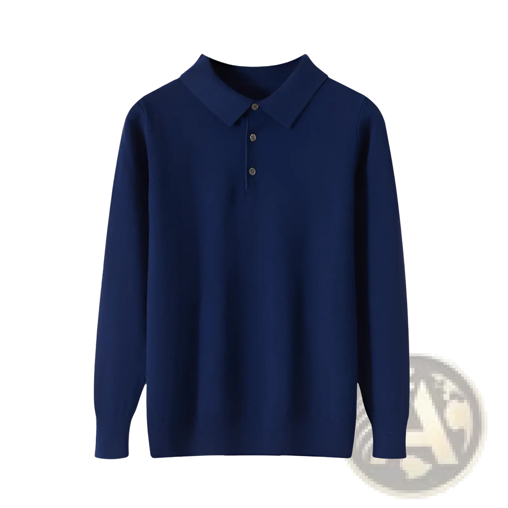 Navy blue knit polo sweater long sleeve pullover with classic collar and three silver buttons in knit fabric
