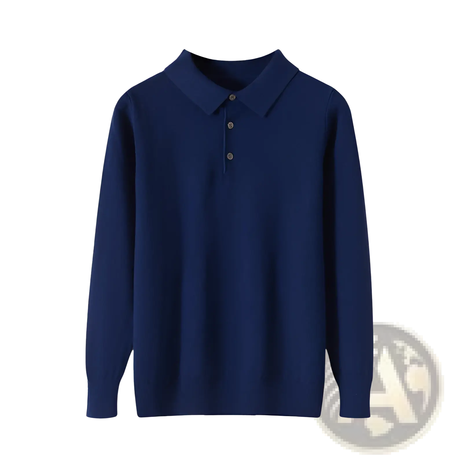 Navy blue knit polo sweater long sleeve pullover with classic collar and three silver buttons in knit fabric