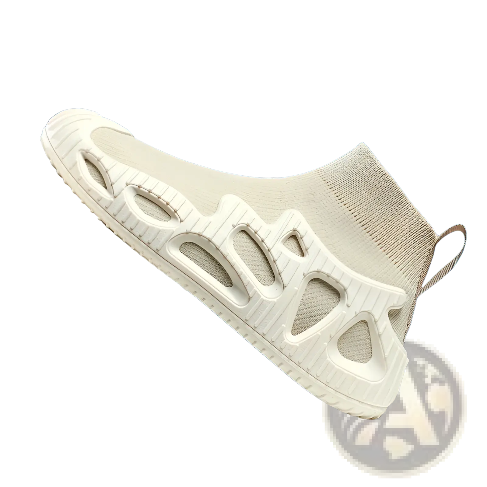 Beige knit ankle sock sneaker with white sculpted midsole and geometric cutouts for casual unisex wear