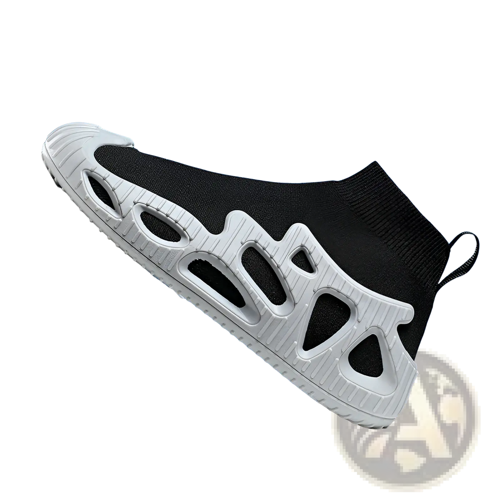 Black and white knit sock sneaker with sculpted breathable sole for casual unisex wear
