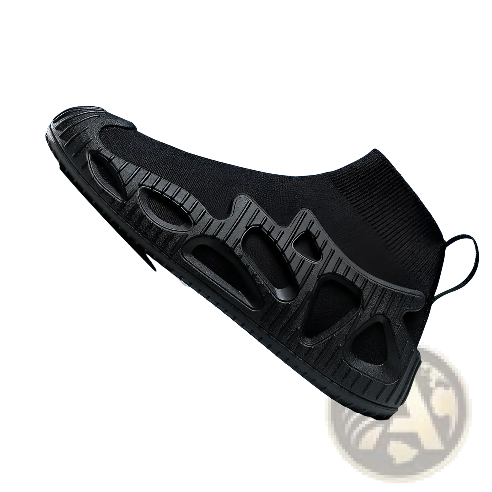 Black knit sock sneaker with textured molded rubber sole featuring geometric cutouts and integrated pull tab