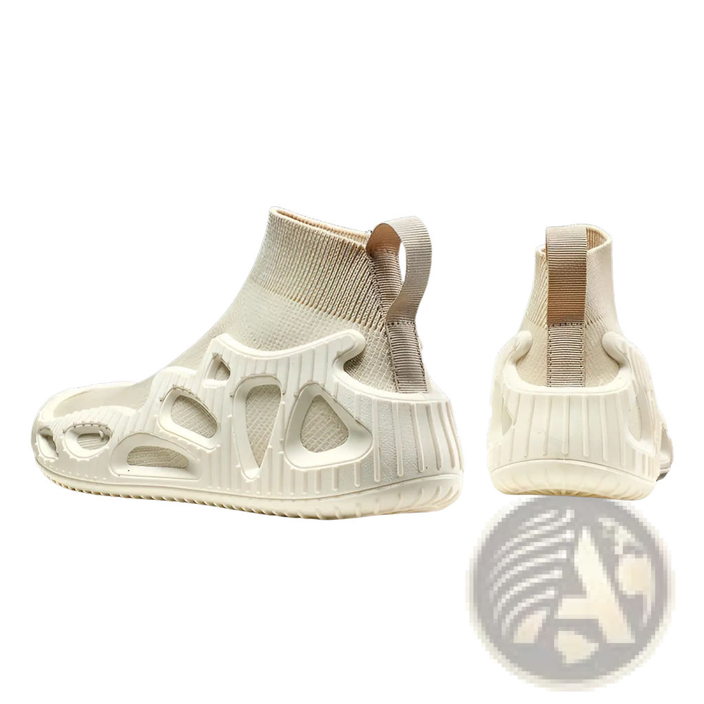 Cream-colored knit sock sneakers with sculpted rubber sole and cut-out design for casual unisex wear