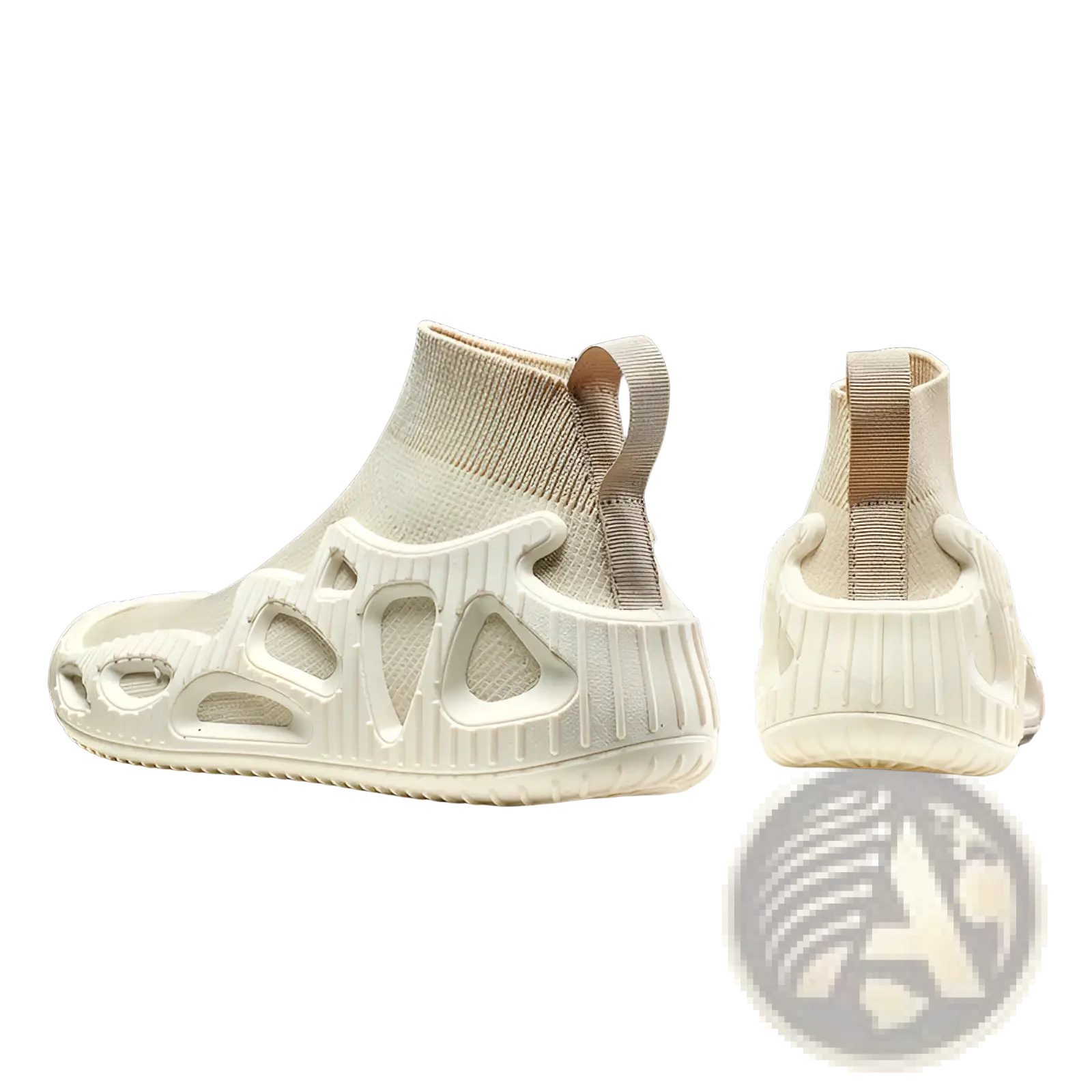 Cream-colored knit sock sneakers with sculpted rubber sole and cut-out design for casual unisex wear