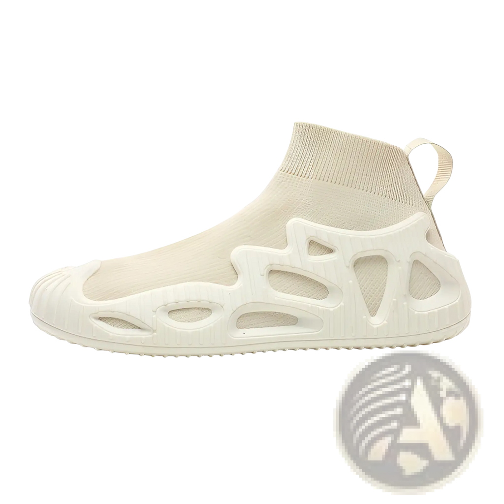 Cream-colored knit sock sneaker with sculpted translucent rubber sole and heel pull tab for casual unisex wear