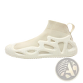 Cream-colored knit sock sneaker with sculpted translucent rubber sole and heel pull tab for casual unisex wear