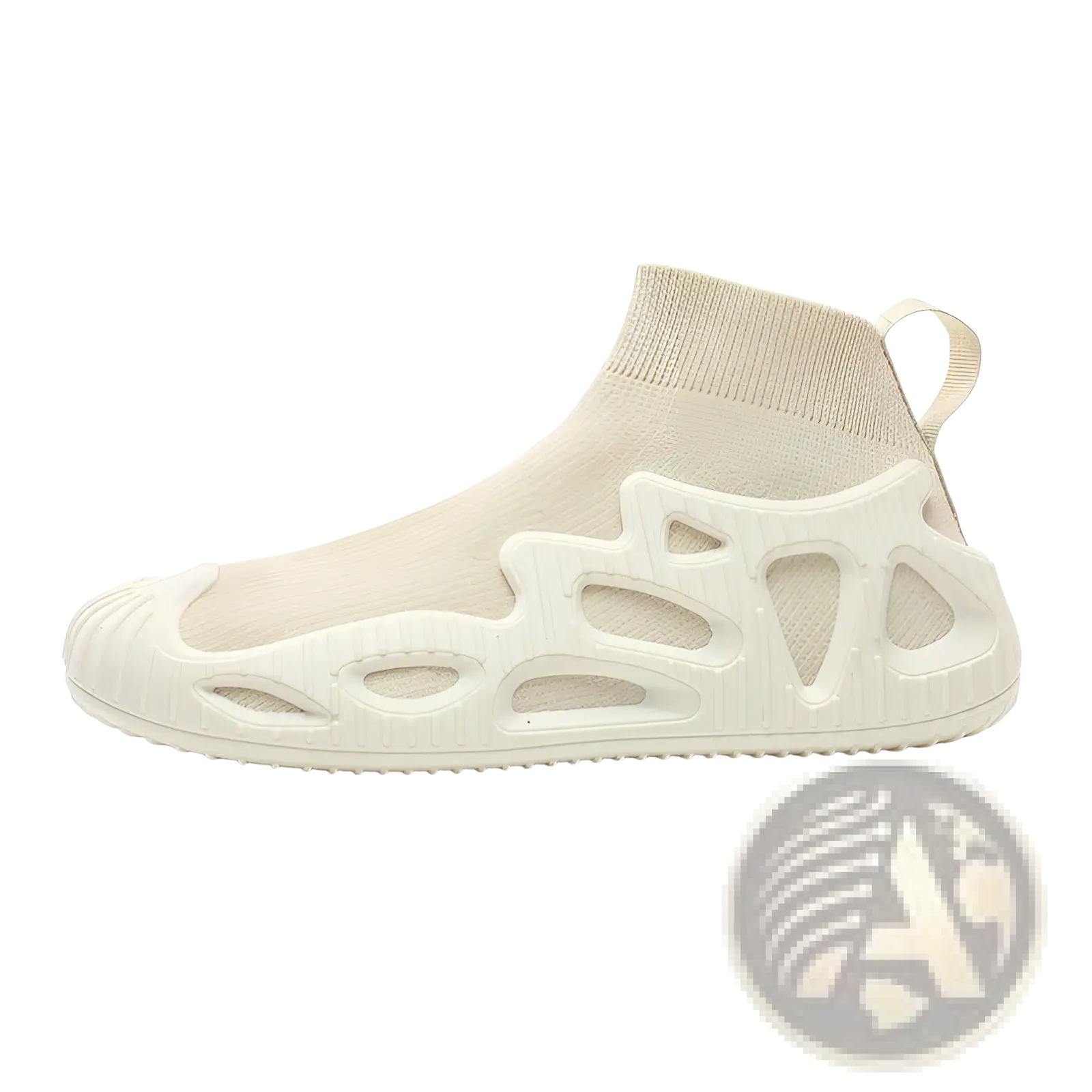 Cream-colored knit sock sneaker with sculpted translucent rubber sole and heel pull tab for casual unisex wear