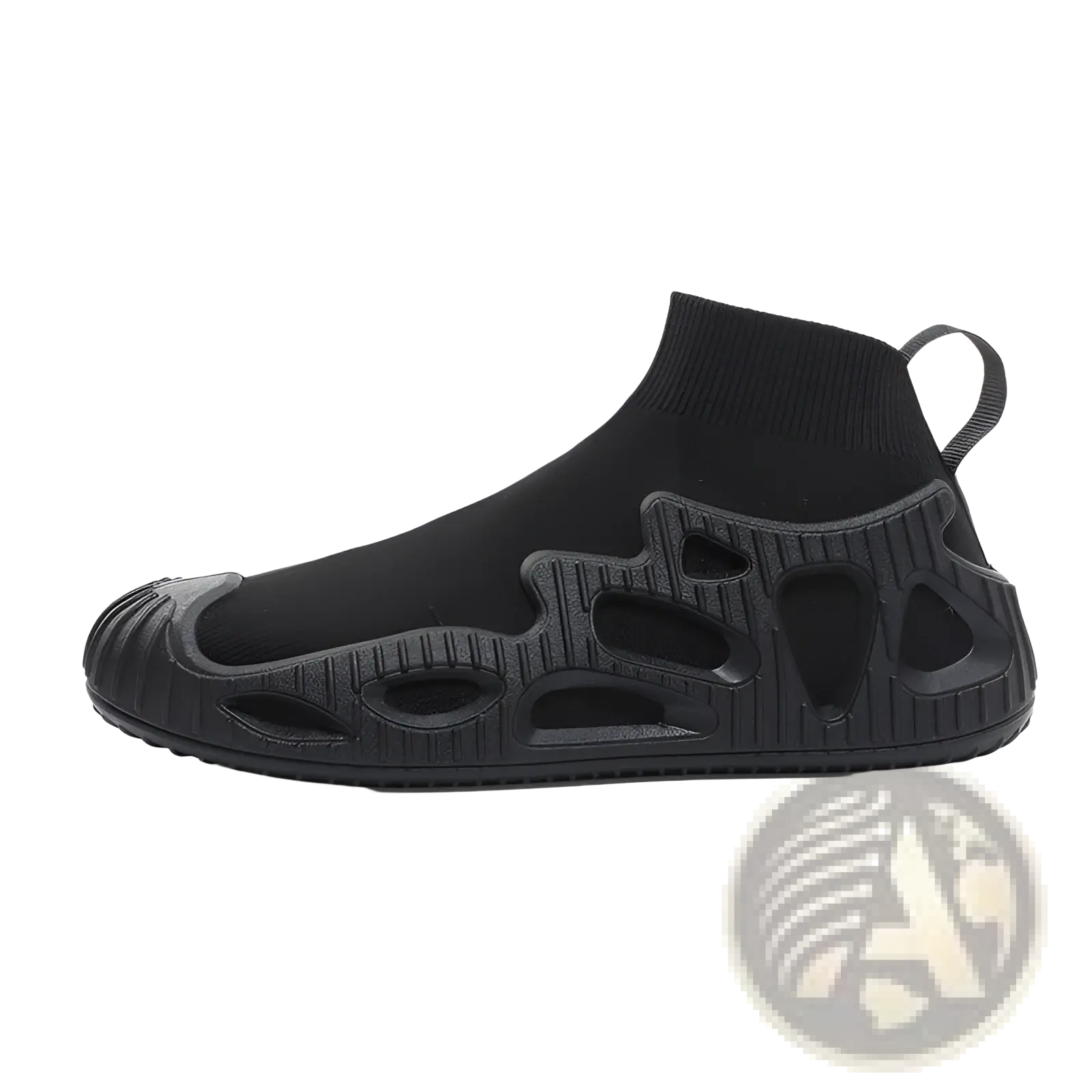 Black knit sock sneaker with sculpted perforated rubber sole and integrated pull tab for casual unisex wear