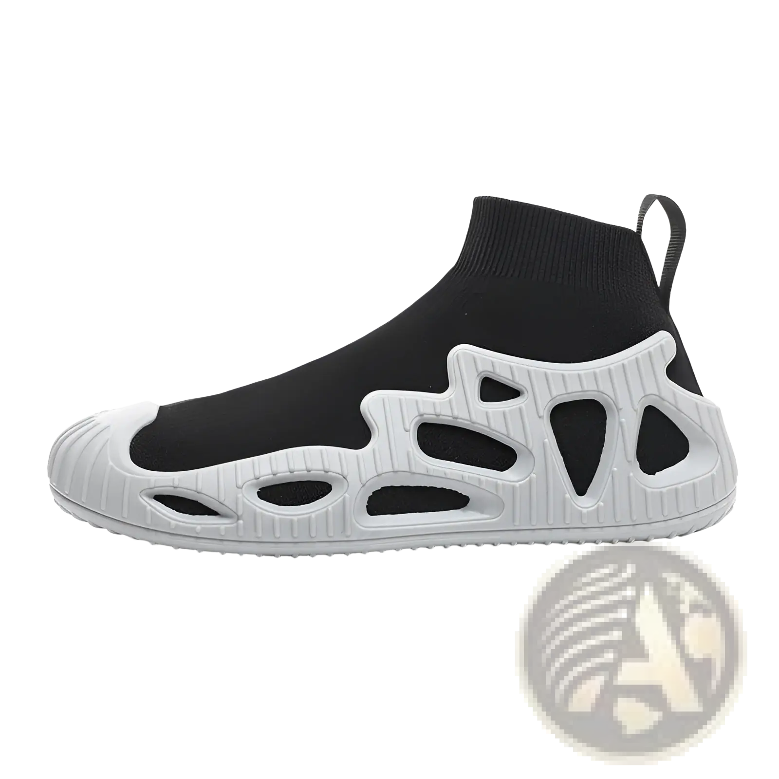 Black and white knit sock sneakers with sculpted breathable sole for casual unisex wear
