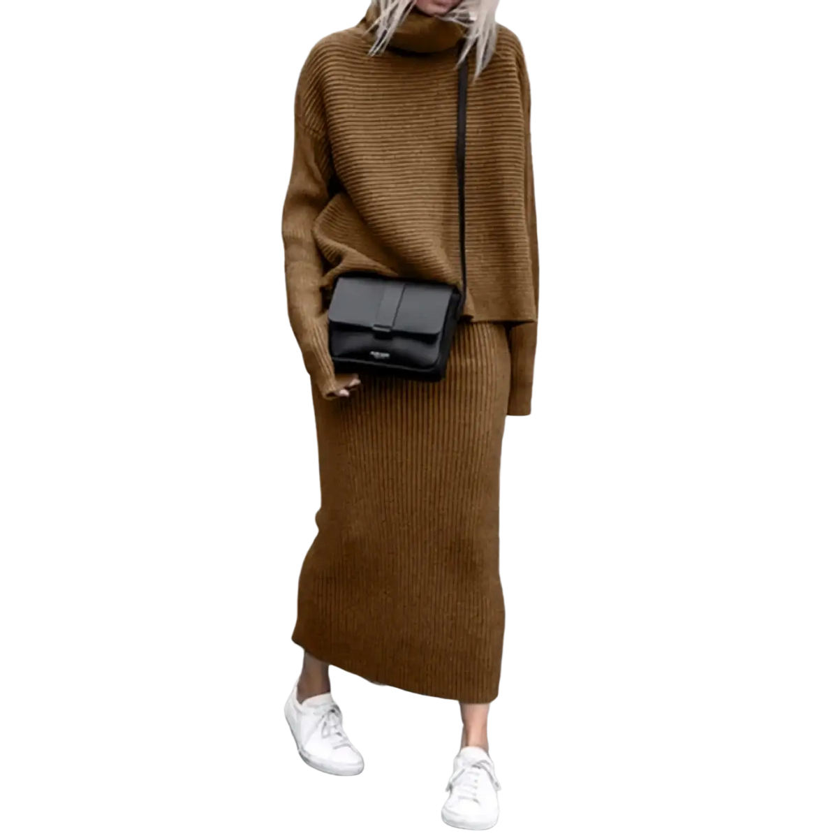 Black crossbody bag with sleek minimalist design and smooth leather finish paired with knit sweater set midi skirt