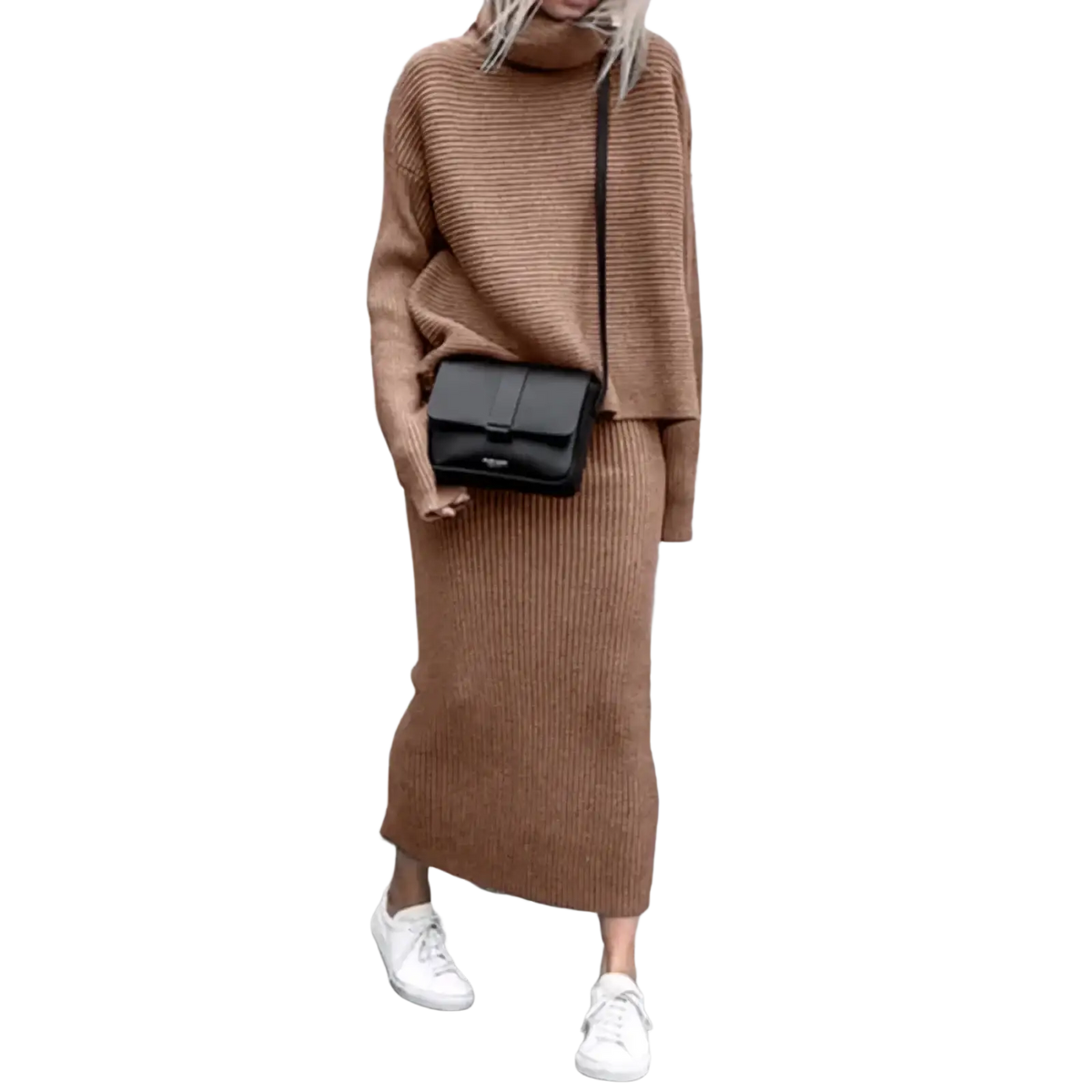 A black leather crossbody bag with a sleek minimalist design complements the knit sweater set long sleeve midi skirt