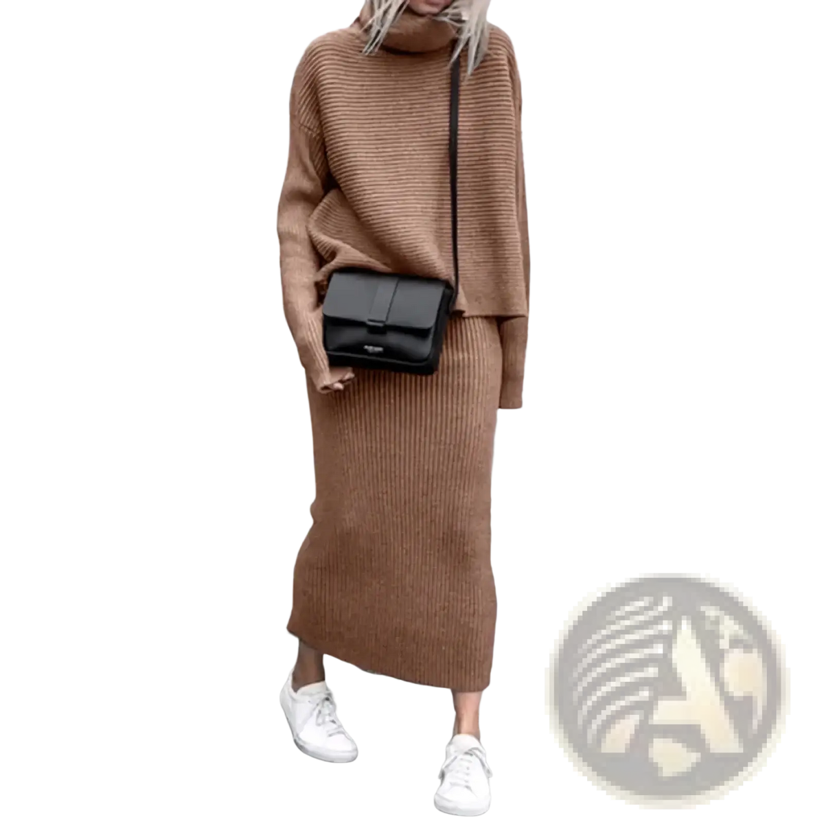 A black leather crossbody bag with a sleek minimalist design complements the knit sweater set long sleeve midi skirt