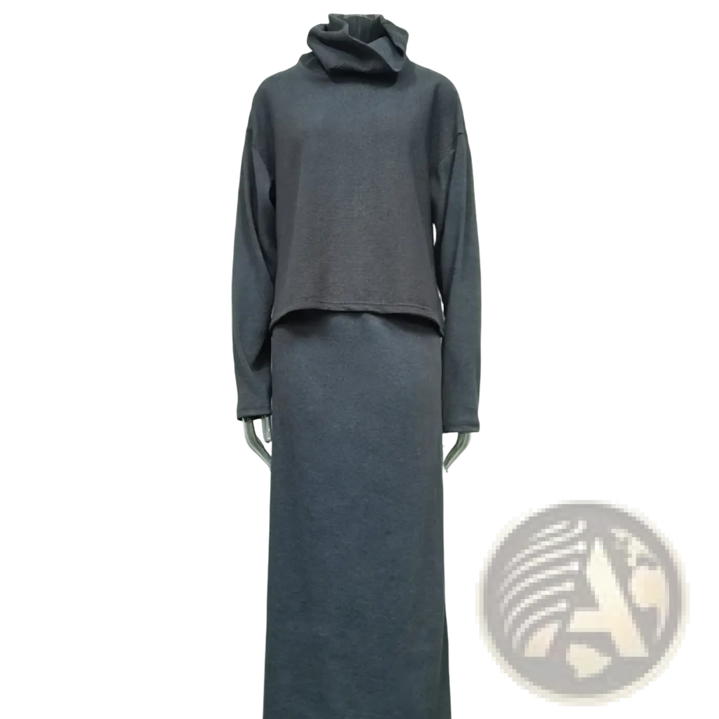 A cozy dark gray knit sweater set with a cropped turtleneck top and long sleeve midi skirt