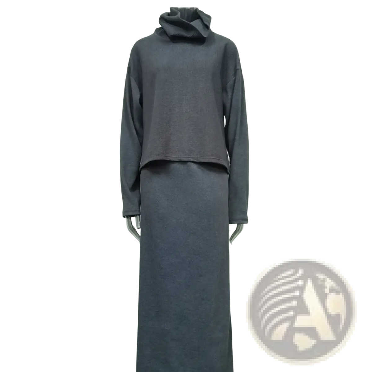 A cozy dark gray knit sweater set with a cropped turtleneck top and long sleeve midi skirt