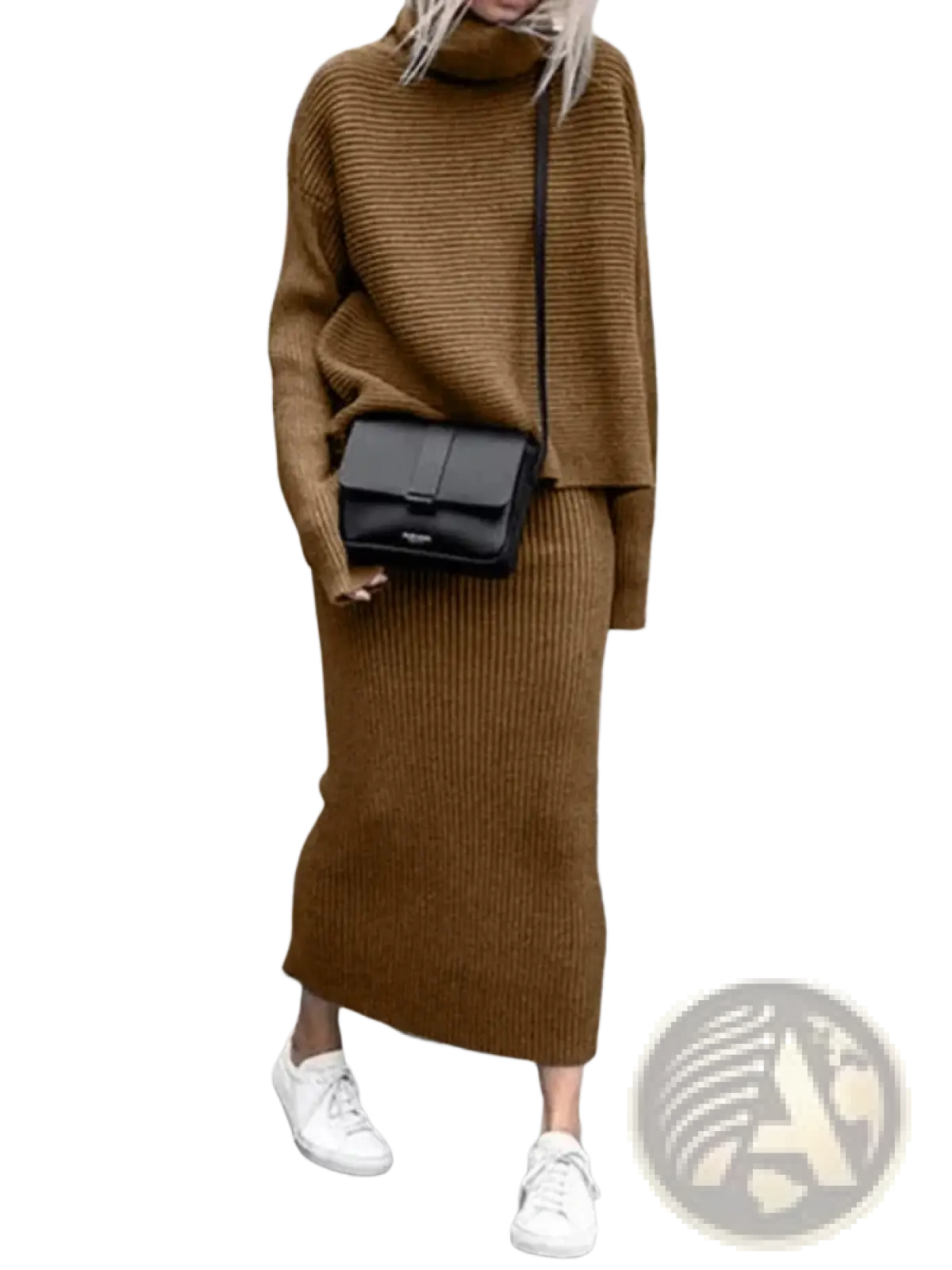 Black crossbody bag with minimalist design and smooth leather finish paired with knit sweater set long sleeve midi skirt