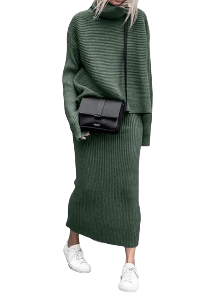 Dark green ribbed knit sweater set with long sleeve midi skirt and white sneakers for casual wear