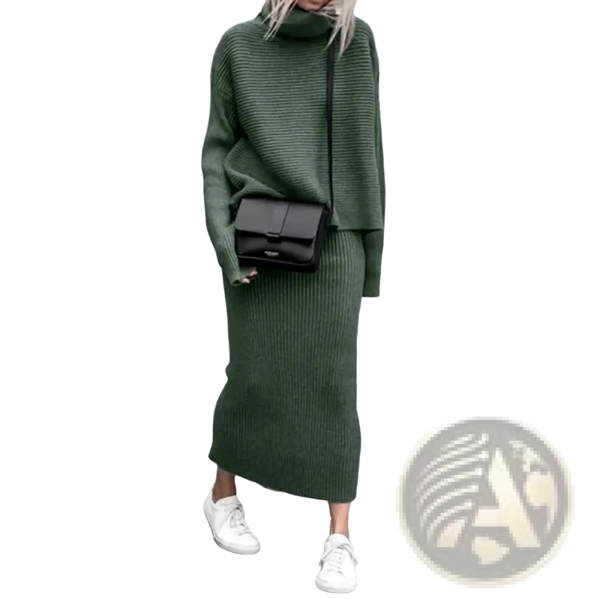Dark green ribbed knit sweater set with long sleeve top and matching midi skirt in a knit fabric