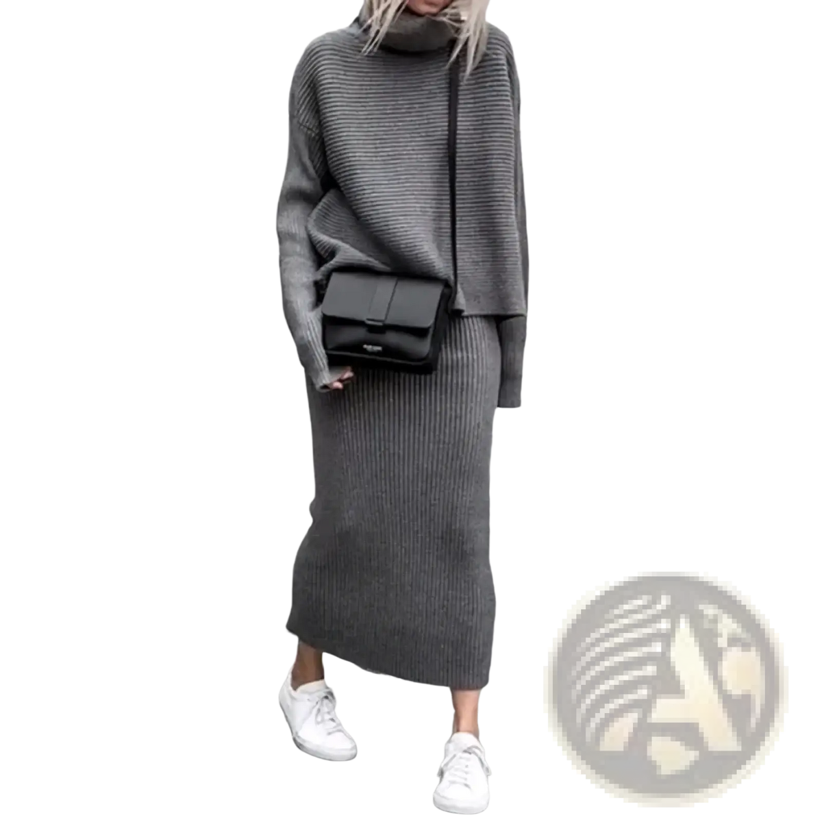 Gray ribbed knit sweater set featuring long sleeve top and midi skirt made from soft knit material