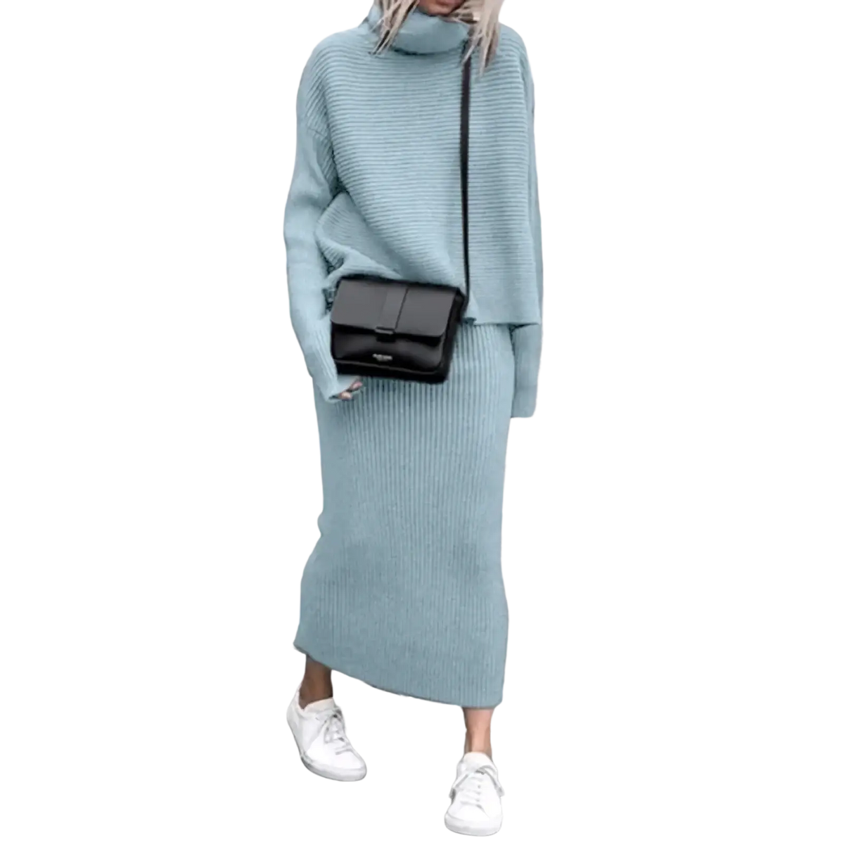 A soft mint green ribbed knit sweater set with a turtleneck and long sleeve midi skirt for stylish comfort