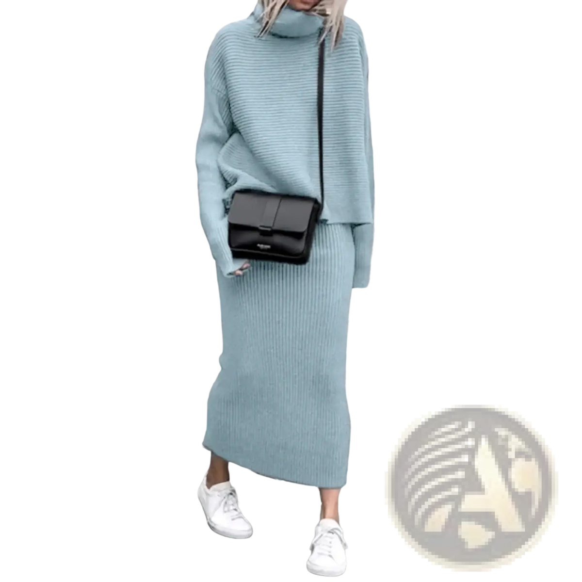 A soft mint green ribbed knit sweater set with a turtleneck and long sleeve midi skirt for stylish comfort