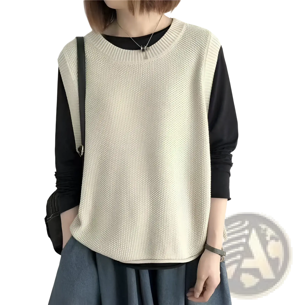 Beige knitted sleeveless vest worn over black long-sleeved top in solid color pullover layered dress style