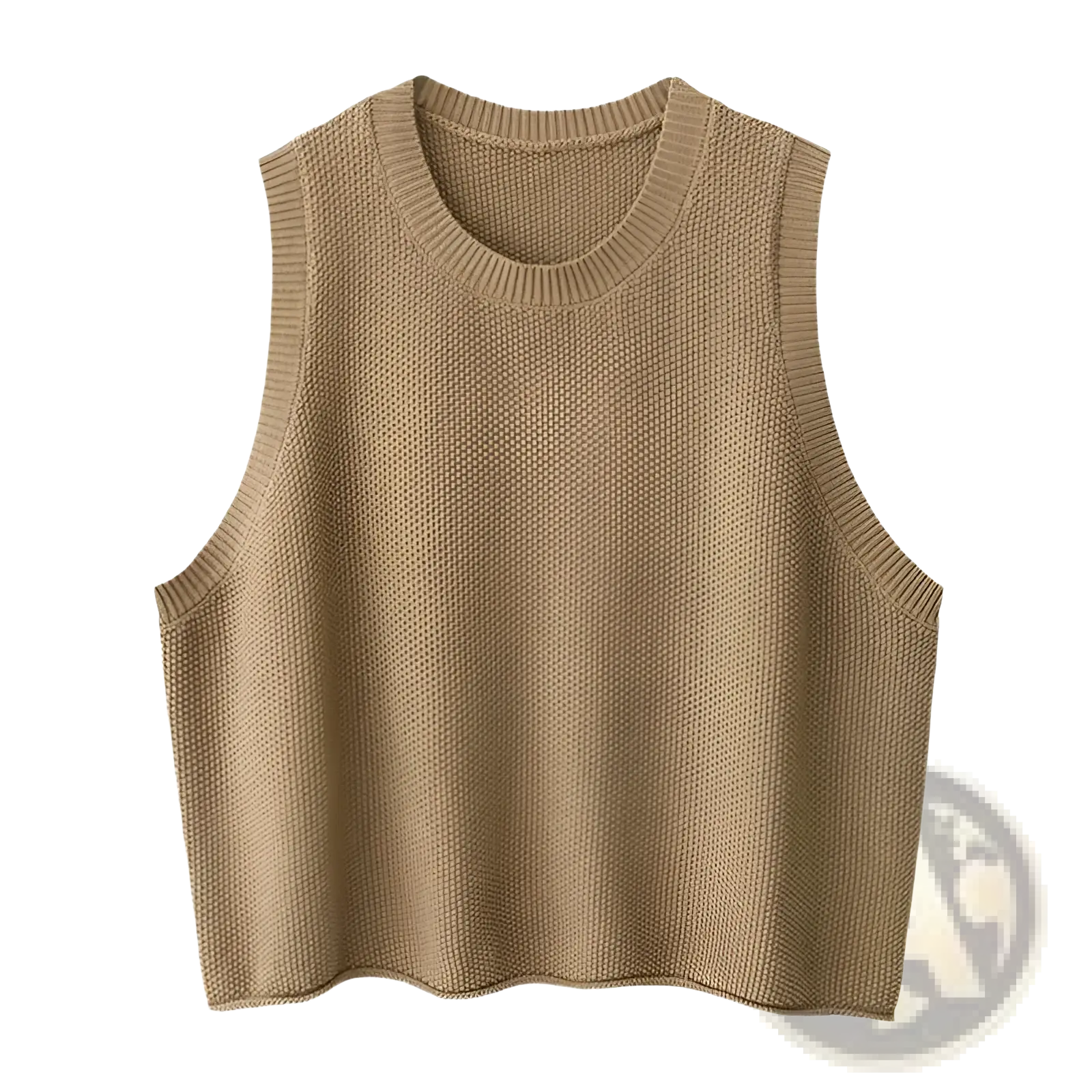 Beige knitted sleeveless sweater vest with ribbed neckline and hem in solid color for layered dress pullover use
