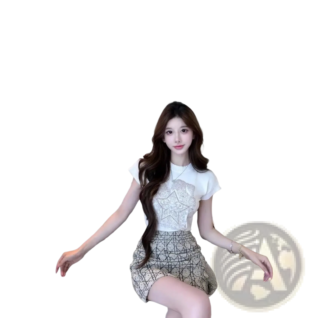 White knit t shirt with elegant round neck short sleeves and silver star embellishment on front in beige tone