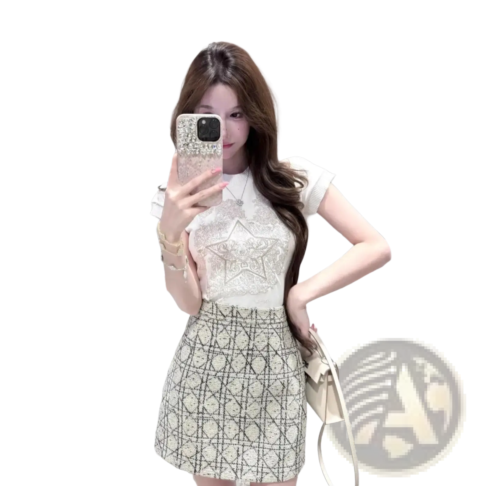 White and black geometric-patterned tweed mini skirt paired with a beige knit t shirt elegant round neck short sleeve