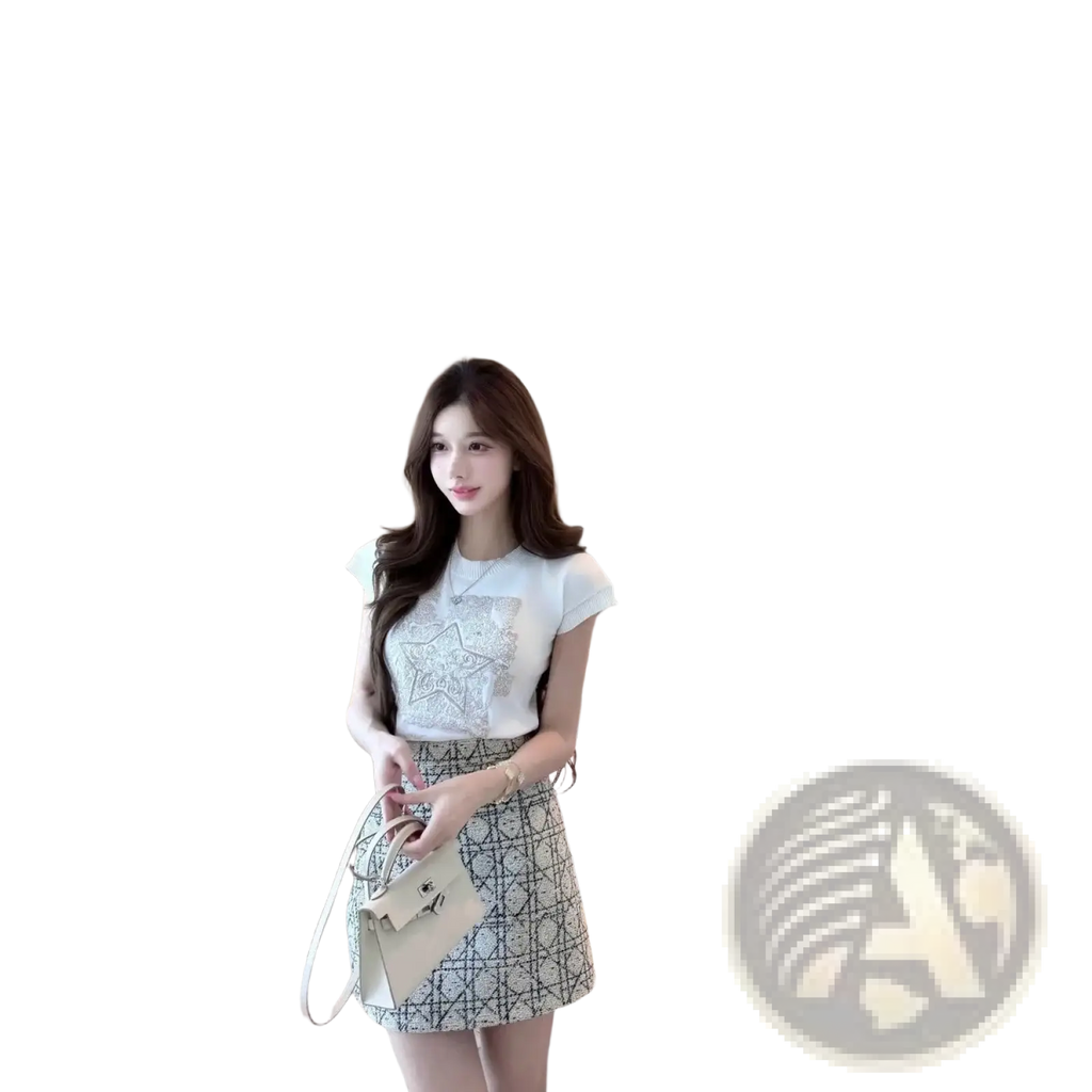 Beige mini handbag with geometric pattern and gold-tone hardware paired with knit t shirt elegant round neck short sleeve beige