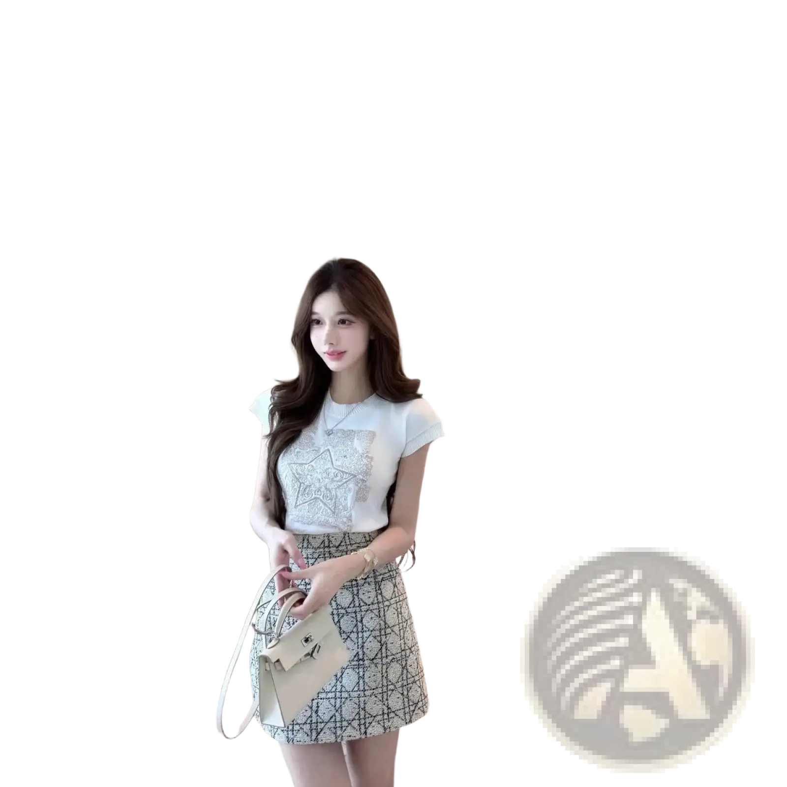 Beige mini handbag with geometric pattern and gold-tone hardware paired with knit t shirt elegant round neck short sleeve beige