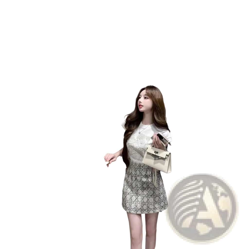 A cream-colored structured handbag with an interlocking logo pattern paired with a beige knit t shirt elegant round neck
